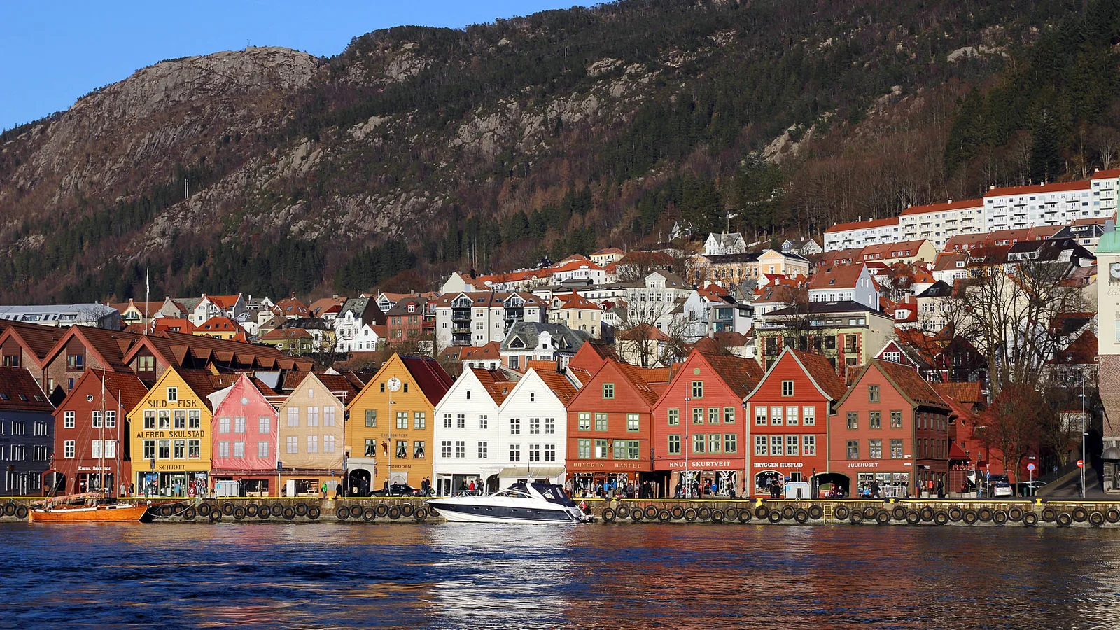 Bergen's Bryggen waterfront of coloured gabled houses across the harbour with the wooded mountain behind.