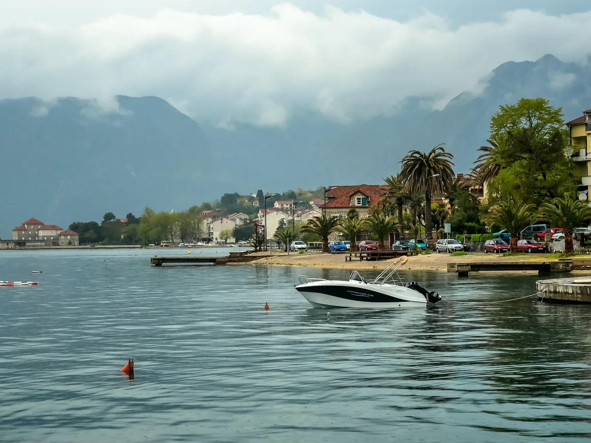 The Kotor waterfront with palms and a speedboat on the bay under low cloud.