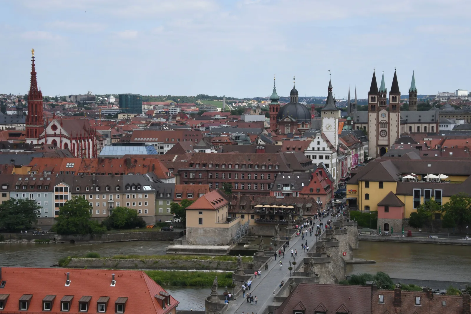 The old town of Würzburg with church towers, red roofs and a bridge over the Main, seen from the Marienberg Fortress.