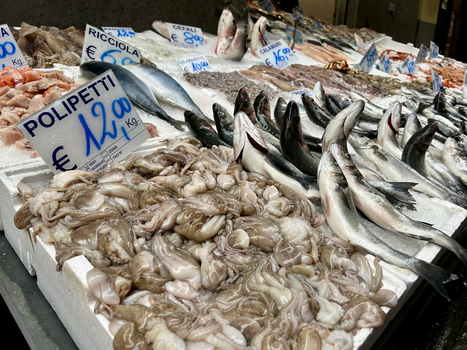 A fish market stall in Naples piled with octopus, small fish and hand-written price signs in euros.