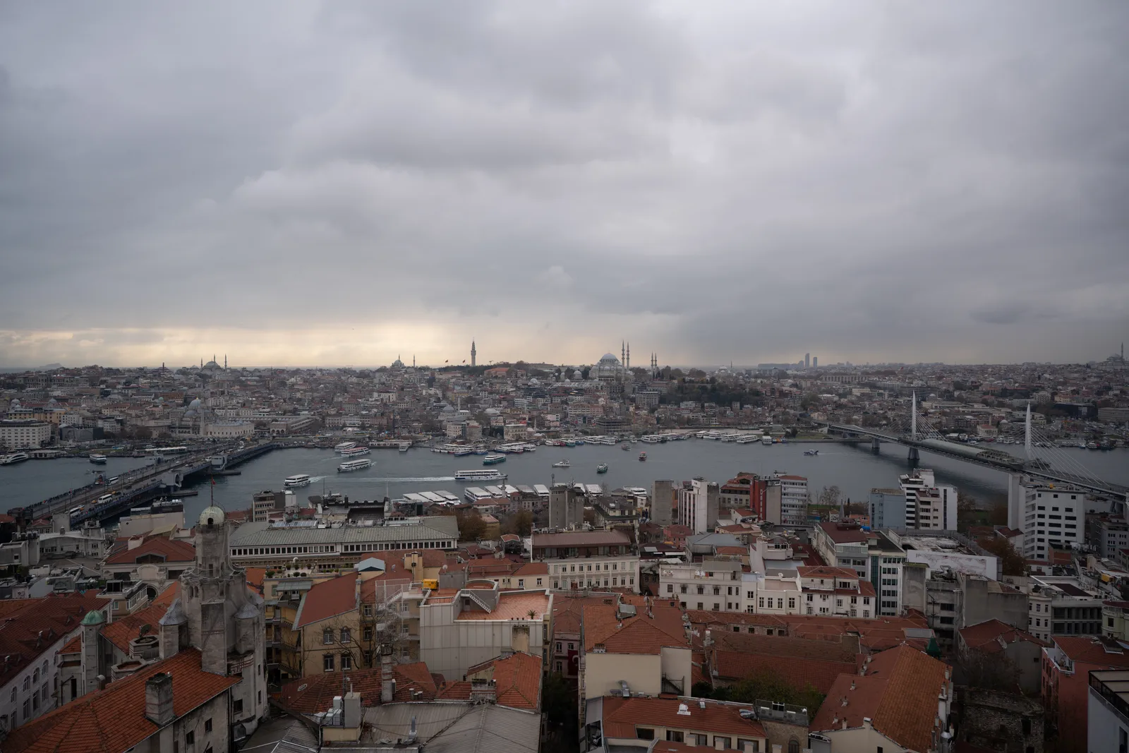 Overcast panorama over the Golden Horn and the historic peninsula from above the red rooftops of Galata.