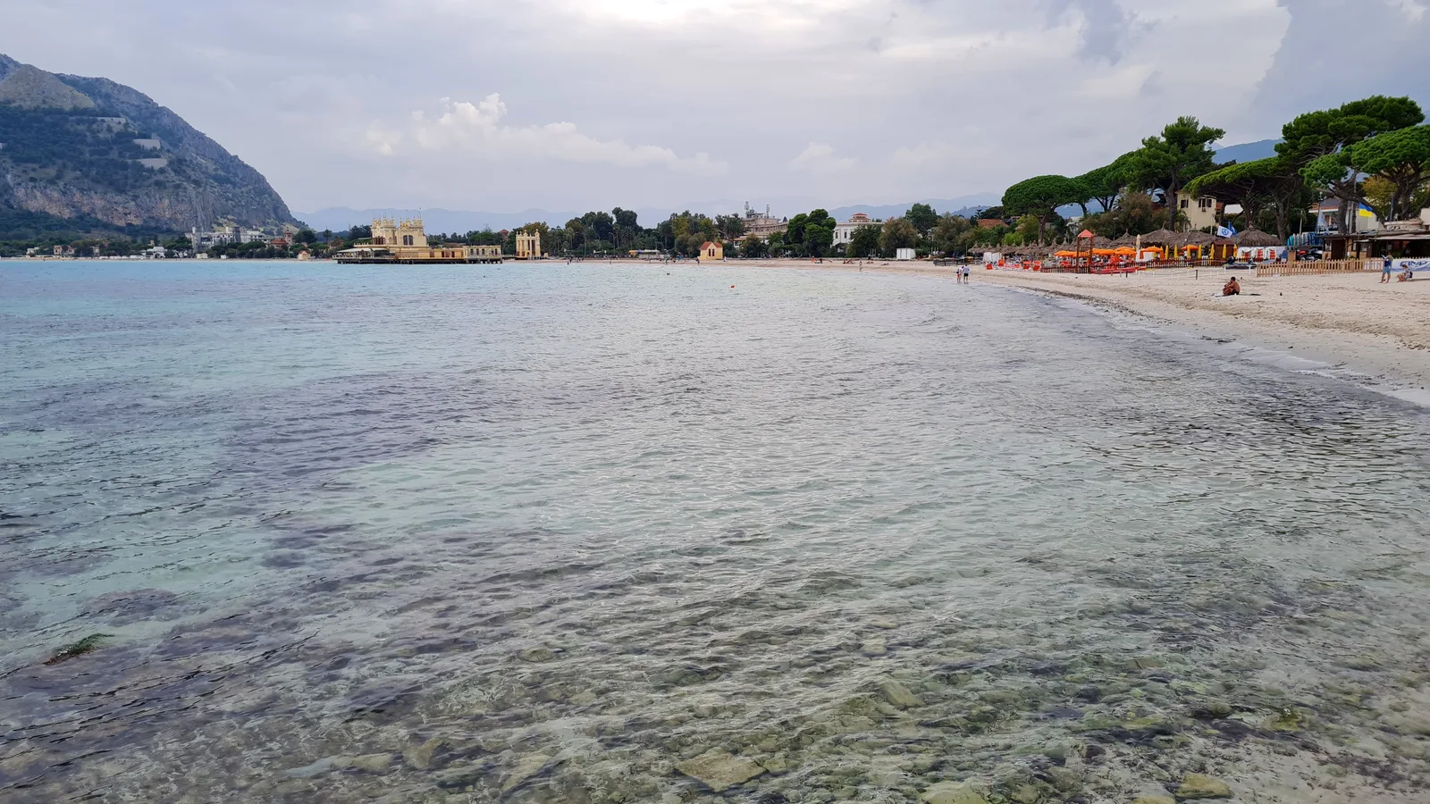 Calm shallow water and sandy shore at Mondello beach, Palermo, with a headland in the distance.