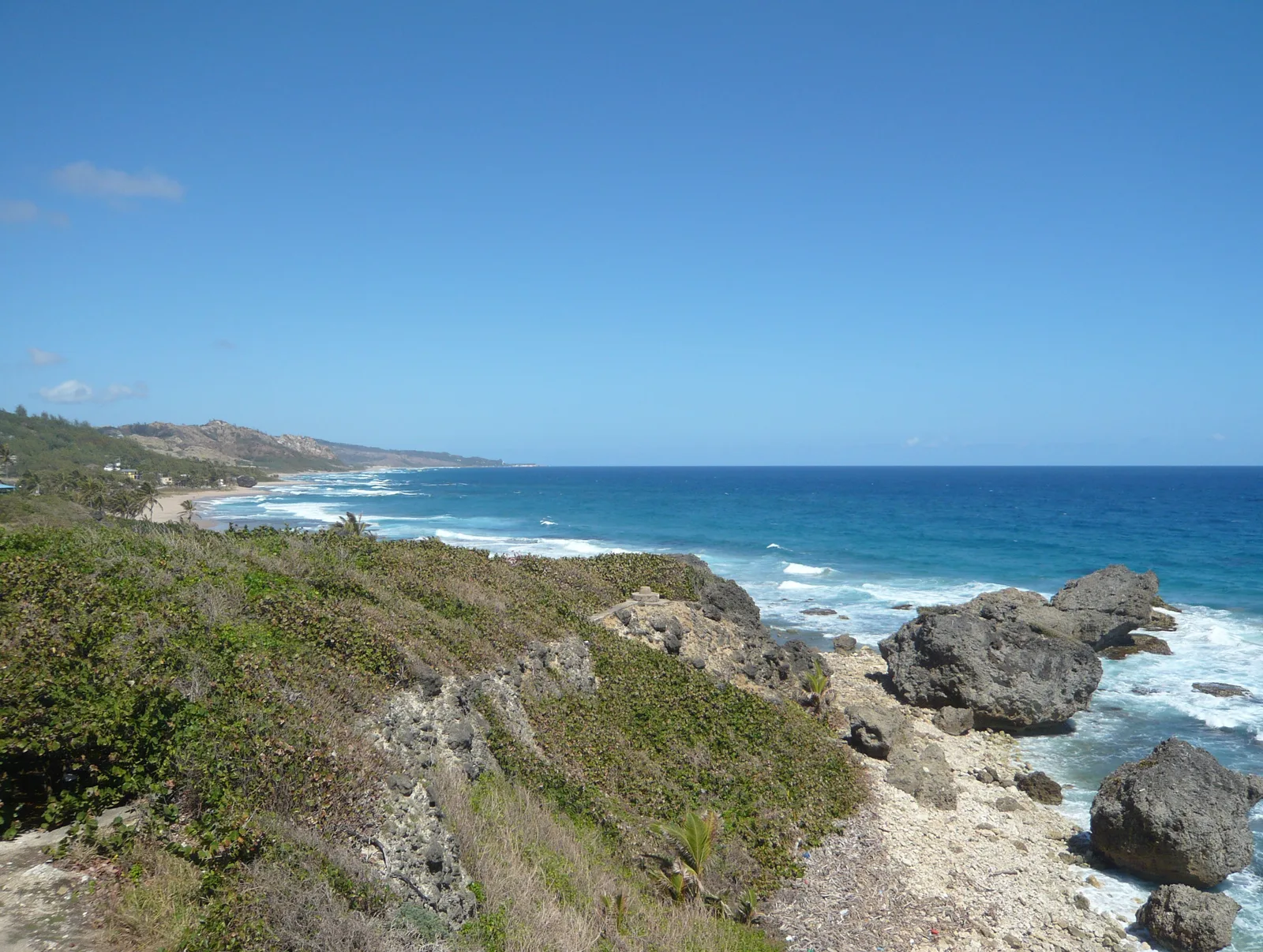 Rocky cliffs and a rugged Atlantic coastline curve away under a clear sky at Bathsheba, Barbados.