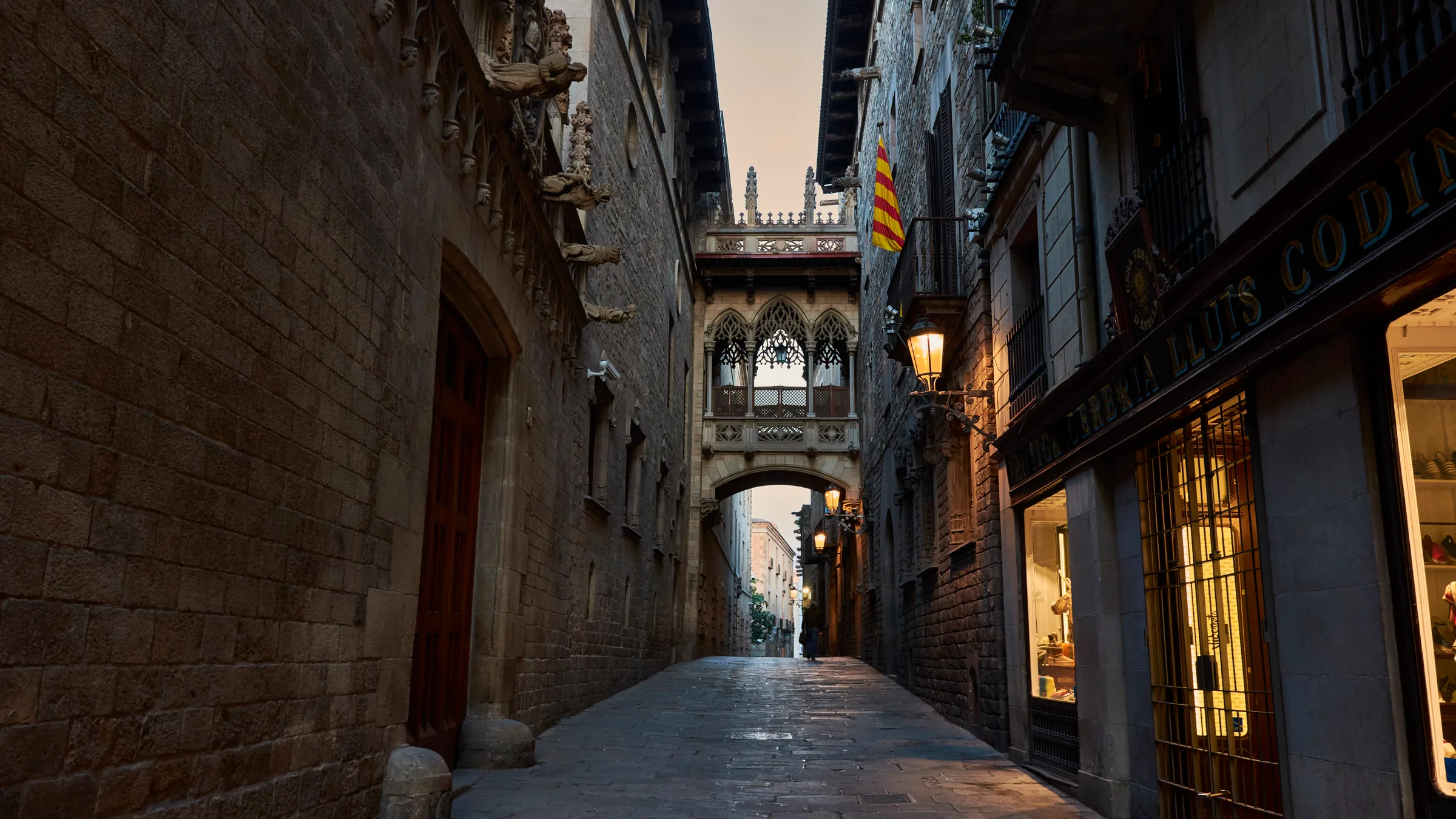 Sunlit stone facades and narrow alleys of Barcelona's Gothic Quarter, seen from above