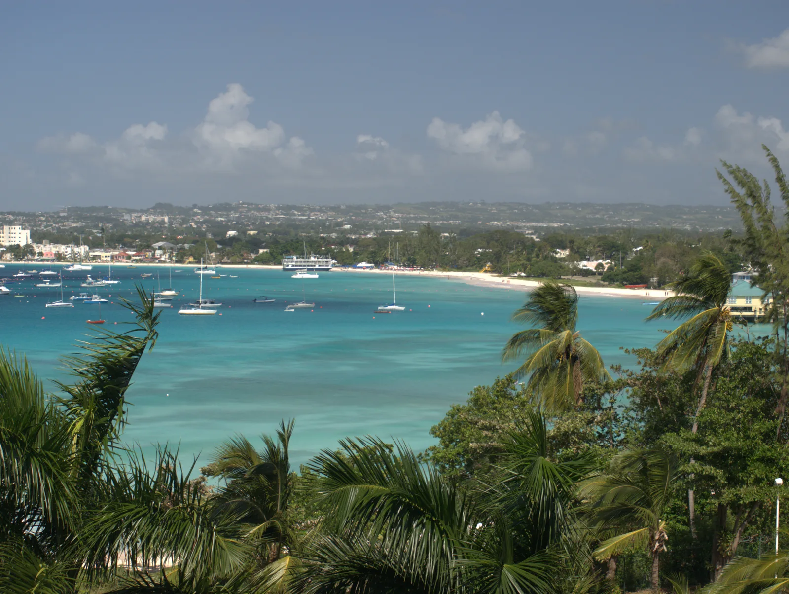 The turquoise water of Carlisle Bay with sailing boats and a long white beach seen through palm trees.