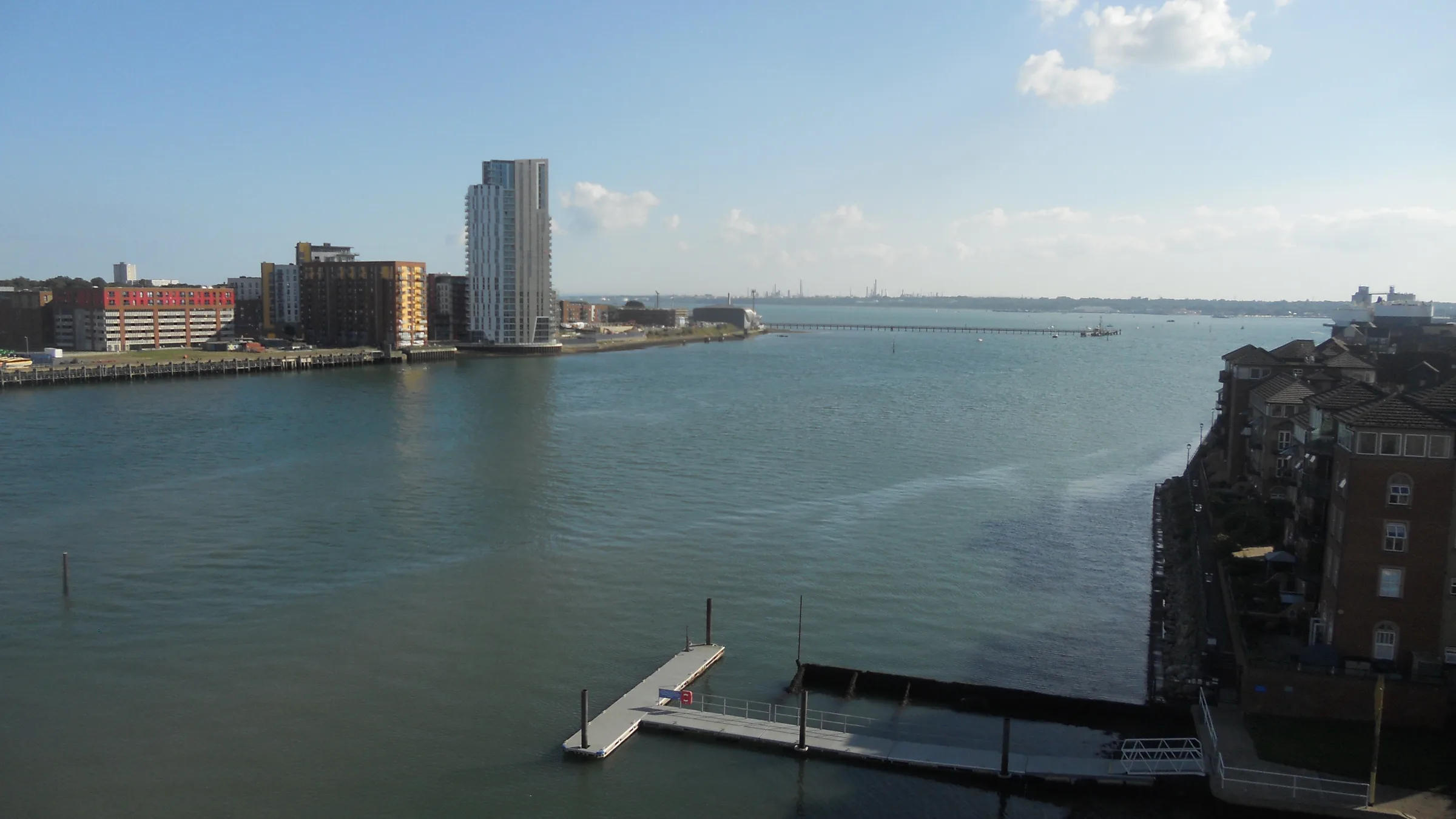 Looking along the River Itchen from the Itchen Bridge toward the Southampton waterfront and tower.