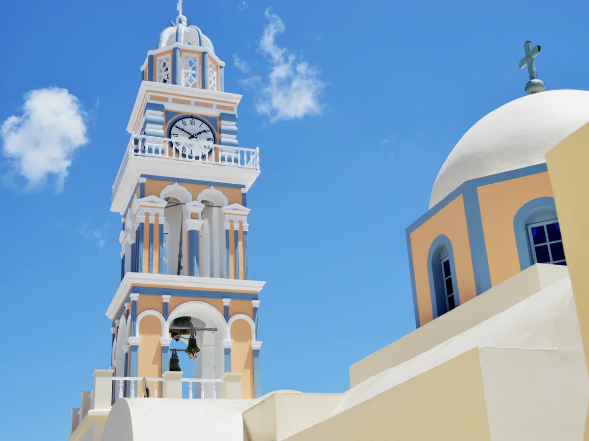 The white-and-blue Cathedral Church of Saint John the Baptist in Fira, Santorini
