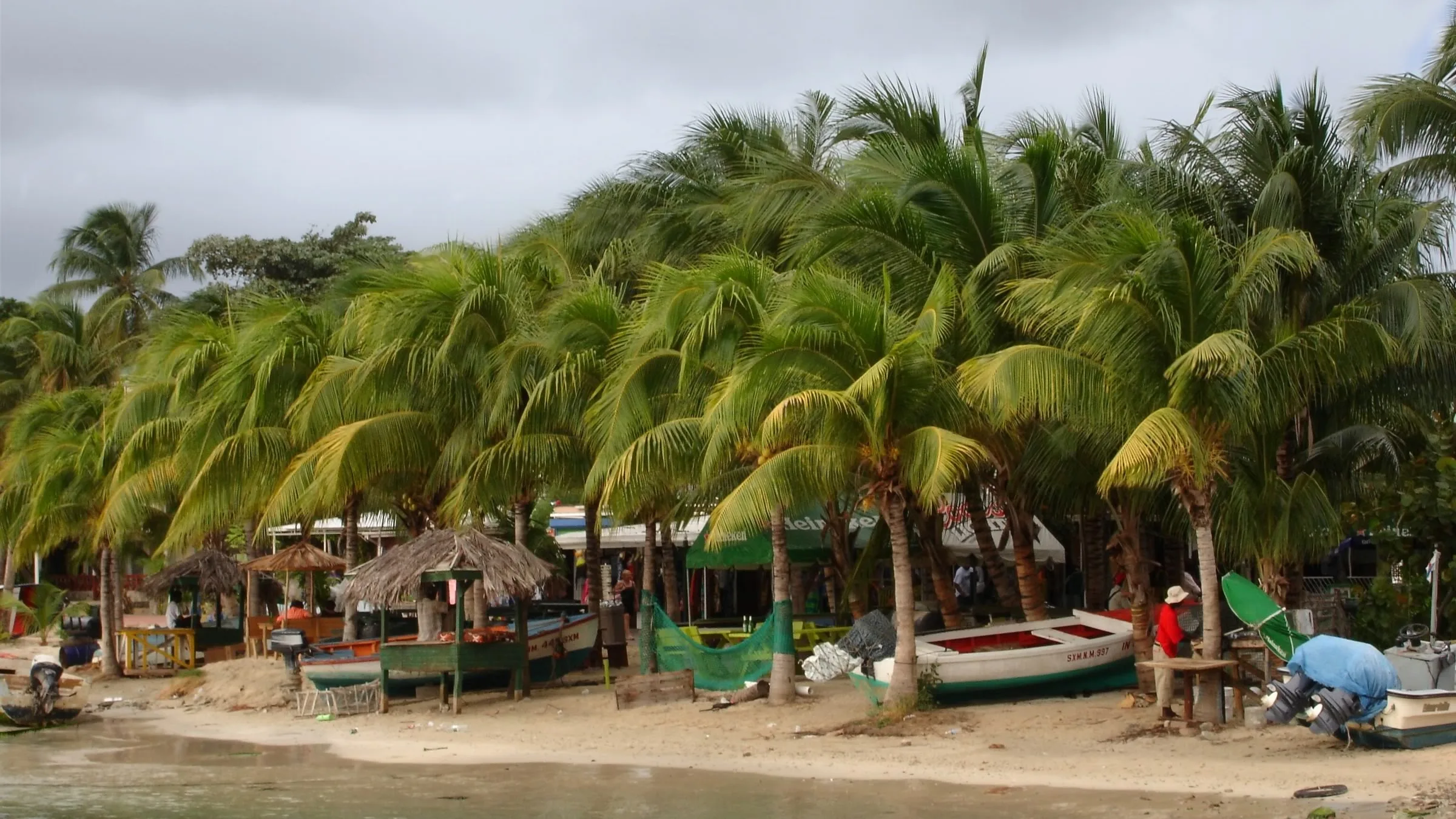 Palm-shaded Great Bay shoreline in Philipsburg with small fishing boats pulled up on the sand and calm water in front.