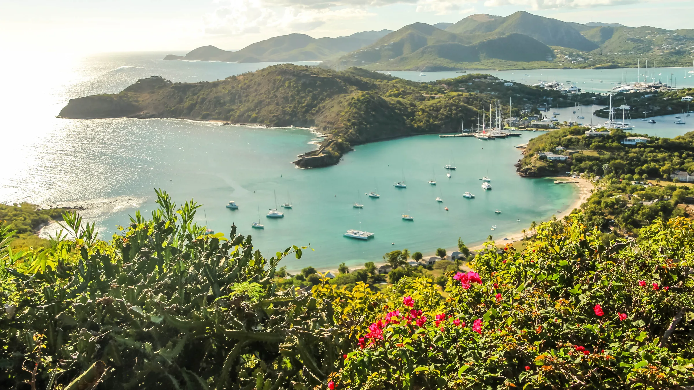 View over English Harbour and Falmouth Harbour from Shirley Heights in Antigua, with sailboats in turquoise water and flowering shrubs in front.