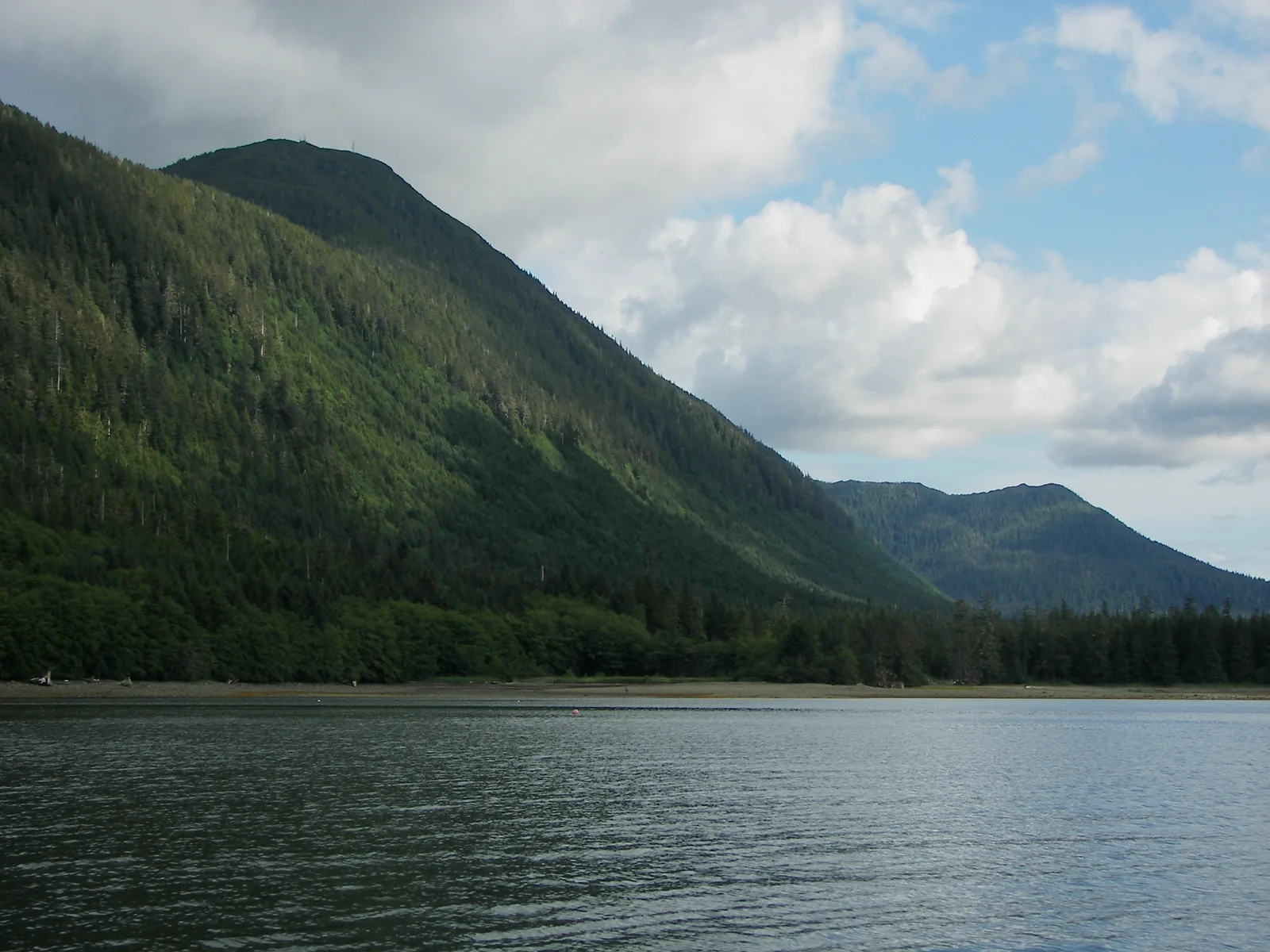 Forested green hills above the calm water of the Tongass Narrows under a partly cloudy sky.