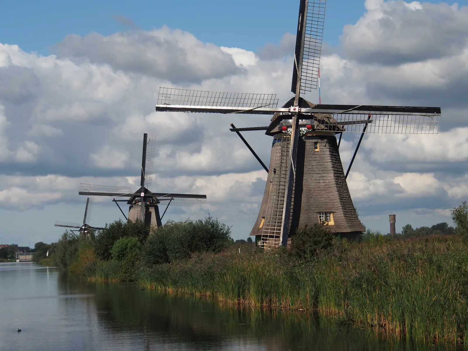A tall brick windmill beside the reed-lined canal at Kinderdijk with more windmills receding in the distance.