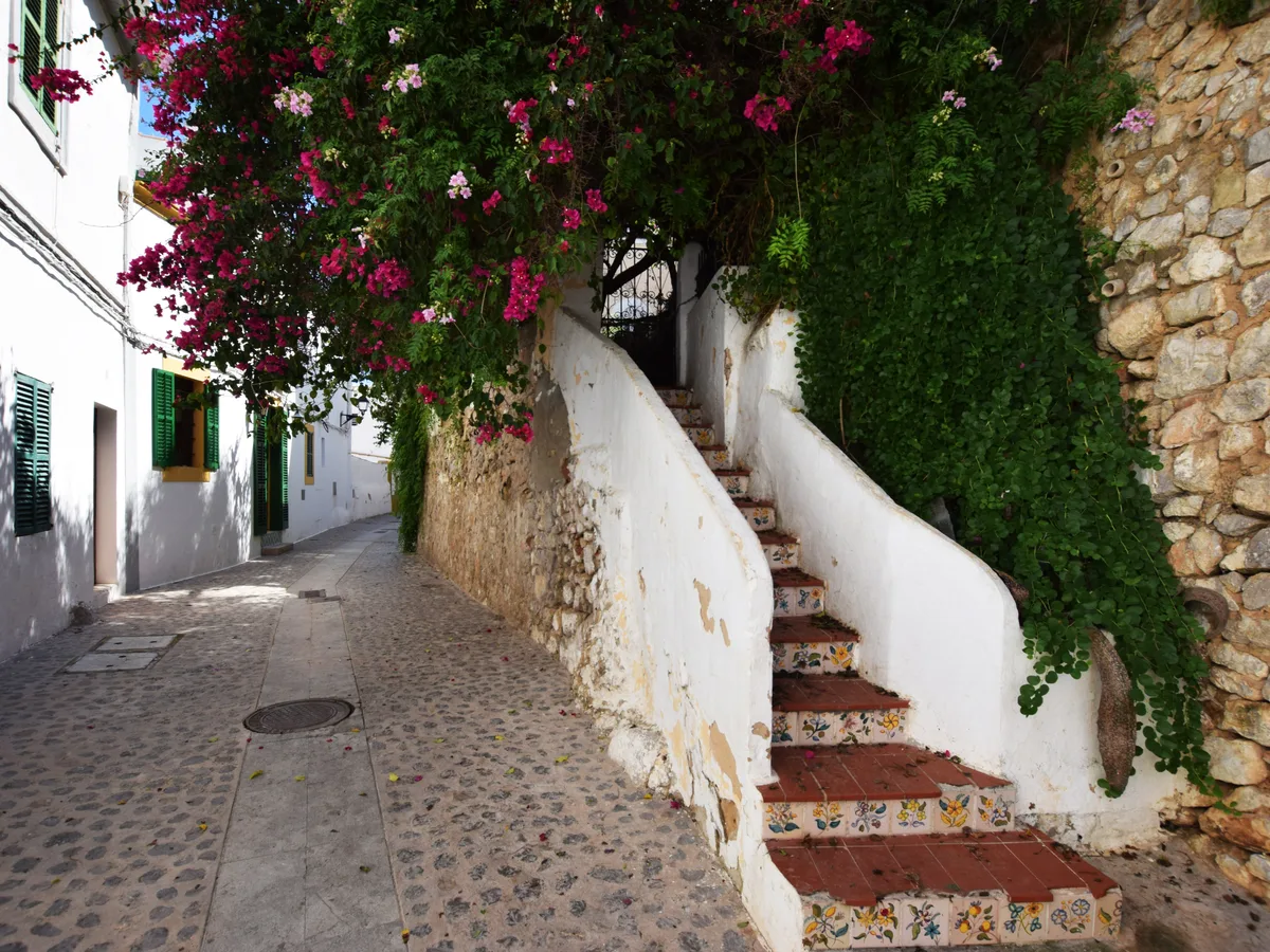 A whitewashed Ibiza old-town lane with steps and flowering bougainvillea.