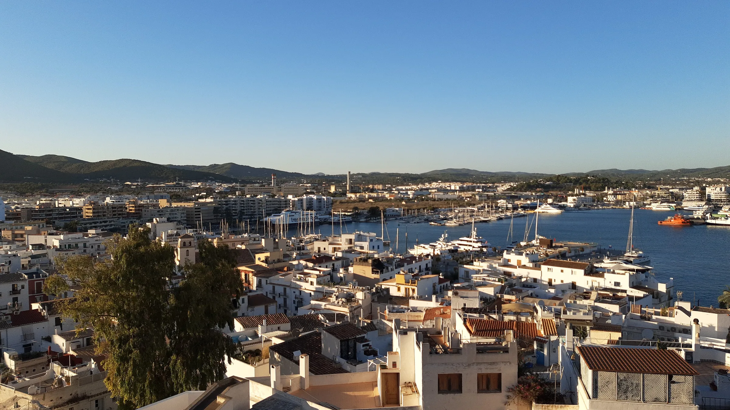 Ibiza harbour with moored boats seen over the old-town rooftops from the castle hill.