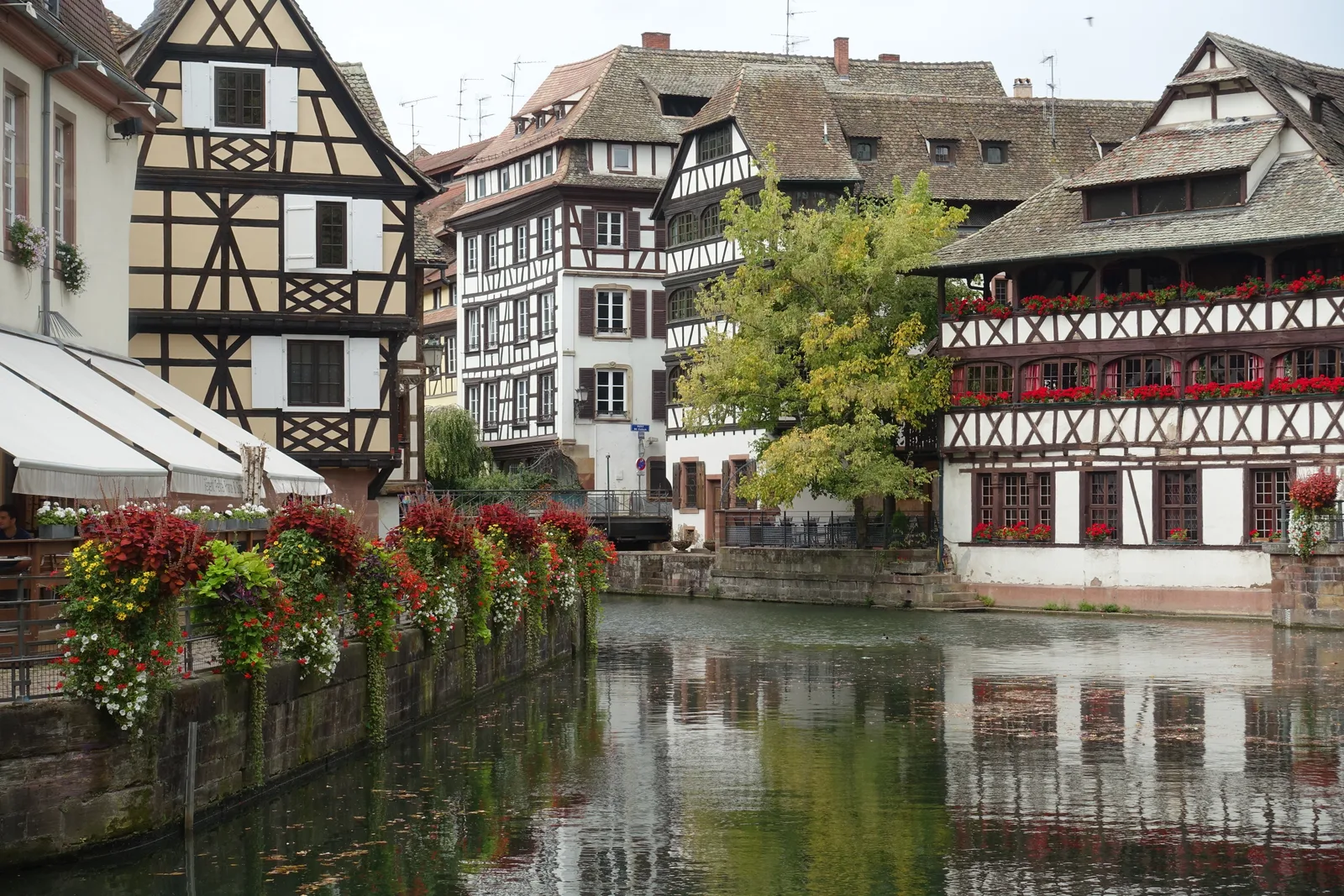 Half-timbered houses and a flower-boxed Petite France terrace beside the Ill canal in Strasbourg.